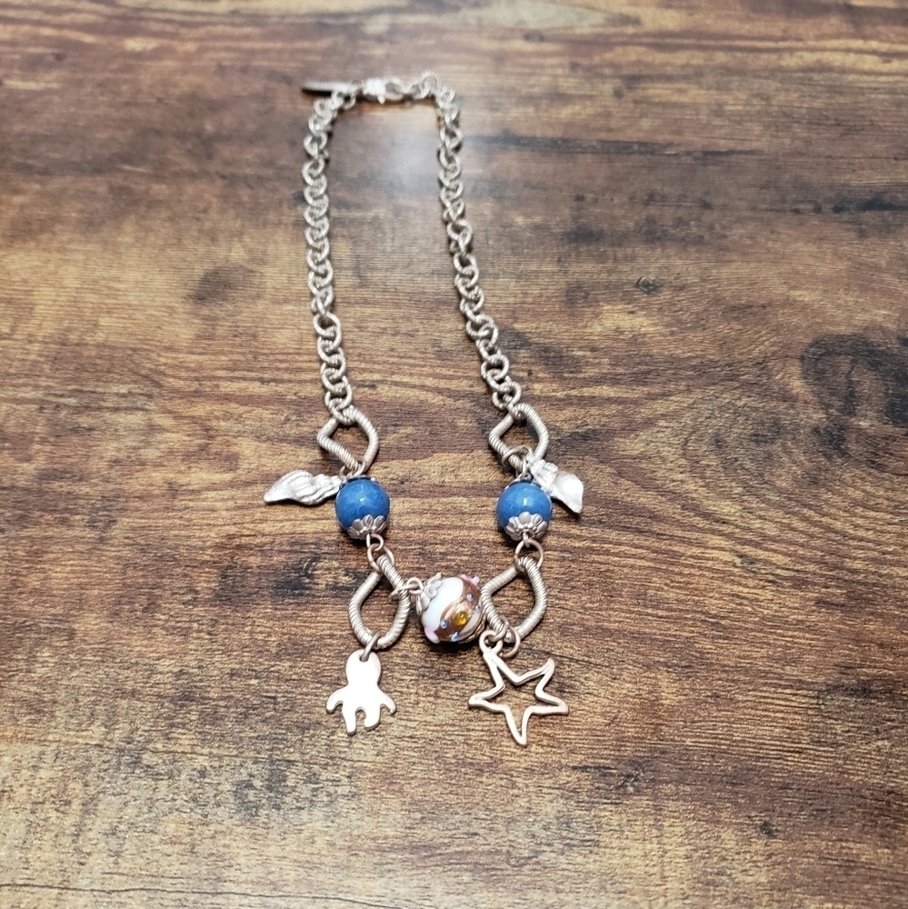 Silver Tone With Blue Beads Beach Theme Necklace